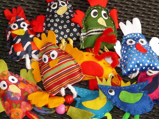 Colorful Fabric Chickens Displayed Together